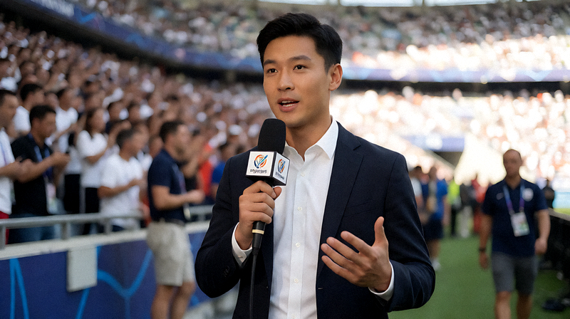 体育新闻现场记者进行赛事报道与采访的画面