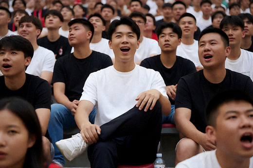 球迷在看台上为AC米兰比赛欢呼的现场画面